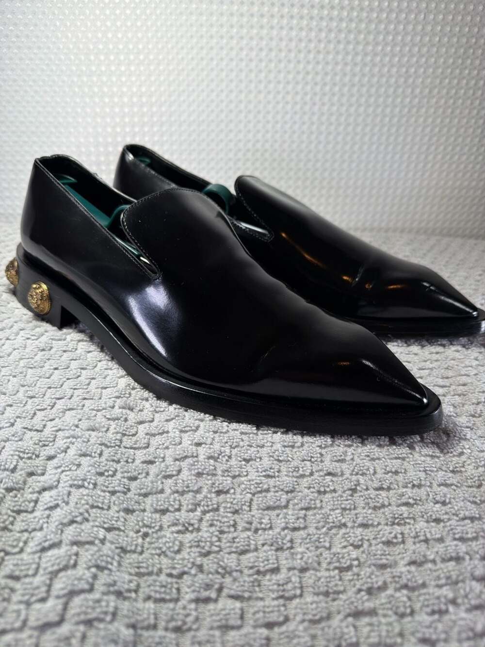 Balmain Paris Black Patent Leather Loafers with Gold-Tone Embellished Heel
